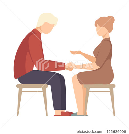 Faceless Woman Sitting on Chair and Encouraging Man Sitting Opposite Her Vector Illustration 123626006