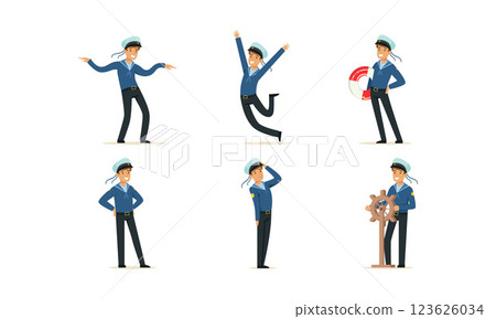 Sailor Character on Board Doing Work Vector Illustrations Set Sailor Character on Board Doing Work Vector Illustrations Set 123626034