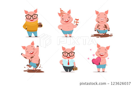 Funny Pigs Characters Drinking Coffee and Holding Gift Box Vector Set Funny Pigs Characters Drinking Coffee and Holding Gift Box Vector Set 123626037