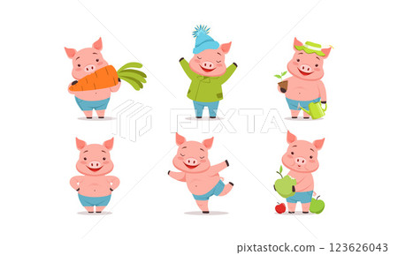 Funny Pigs Characters Biting Big Carrot and Watering Plant Vector Set 123626043