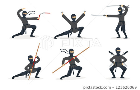Ninja shows different tricks with weapons. Set of vector illustrations. 123626069