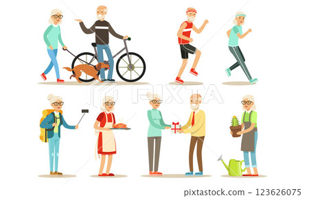 Older people lead an active lifestyle. Set of vector illustrations. 123626075