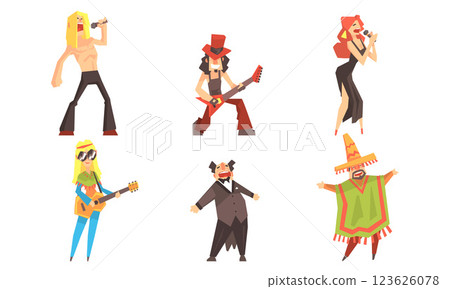 Singers and musicians of different directions. Set of vector illustrations. Singers and musicians of different directions. Set of vector illustrations. 123626078