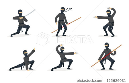 Ninja in black clothes and mask. Set of vector illustrations. Ninja in black clothes and mask. Set of vector illustrations. 123626081