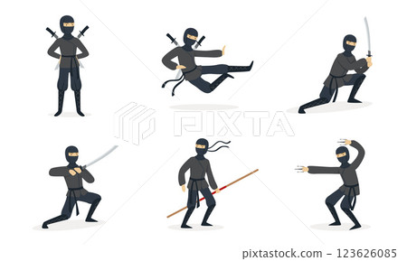 Ninja shows tricks. Set of vector illustrations. Ninja shows tricks. Set of vector illustrations. 123626085