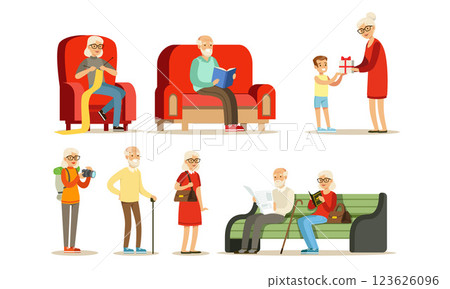 Elderly men and women are resting. Set of vector illustrations. Elderly men and women are resting. Set of vector illustrations. 123626096