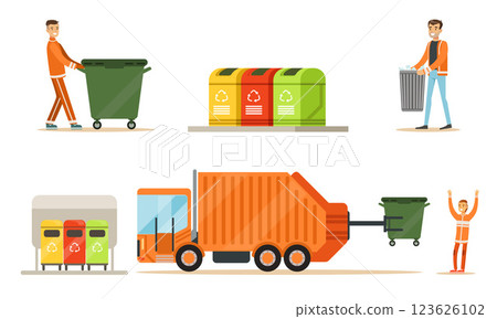Workers and garbage collection equipment. Set of vector illustrations. 123626102