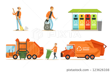 Orange garbage truck and garbage man. Set of vector illustrations. 123626108