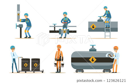 Man near the oil pipeline. Set of vector illustrations. 123626121