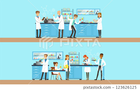 People in the laboratory are conducting an experiment. Vector illustration on a blue background. 123626125