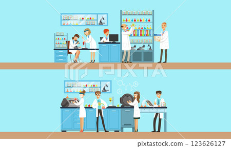 Scientists in the laboratory are conducting an experiment. Vector illustration on a blue background. 123626127