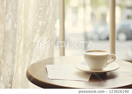 Delicate espresso cup rests beside a handwritten letter as warm morning light softly filters in 123626190