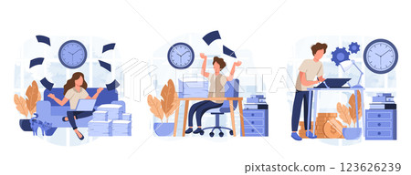 Deadline scenes bundle with people characters. Tired employees hurrying up on deadline at workplace, stressful situation and overtime work. Time management and effectivity flat vector illustration. Deadline scenes bundle with people characters. Tired employees hurrying up on deadline at workplace, stressful situation and overtime work. Time management and effectivity flat vector illustration. 123626239
