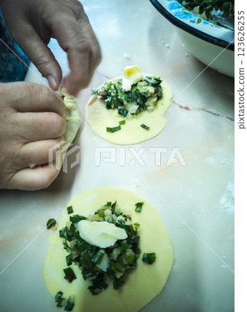 woman hands making homemade dumplings with jusai and onion at the kitchen table woman hands making homemade dumplings with jusai and onion at the kitchen table 123626255