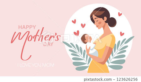 Happy Mother's Day card. Happy mother holding her baby in her arms. Flat style illustration. 123626256