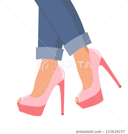 Female legs in pink high heel shoes and blue jeans. Fashion design. Flat style illustration. Female legs in pink high heel shoes and blue jeans. Fashion design. Flat style illustration. 123626257