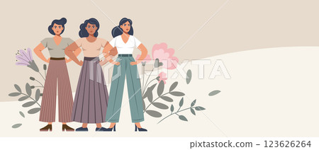 Empowered Confident women on floral background. Feminism and equality concept. Flat illustration. 123626264