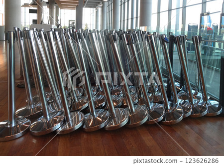 Pile of retractable belt barriers Pile of retractable belt barriers 123626286