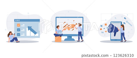 Digital marketing and promotion illustration set. Characters analyzing graph, charts and planning marketing strategy to achieve business goals. Business concept. Vector illustration. Digital marketing and promotion illustration set. Characters analyzing graph, charts and planning marketing strategy to achieve business goals. Business concept. Vector illustration. 123626310