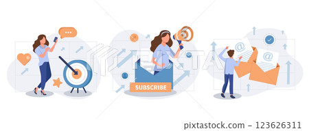 Email service web concept with people scenes set in flat style. Bundle of online communication programs, sending and receiving messages, promo newsletter. Vector illustration with character design 123626311