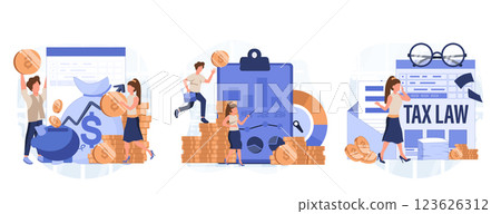 Financial or business profession set. Business character making financial operation. Economist, financier, broker, accountant, trader, tax inspector, commercial director. Vector illustration 123626312