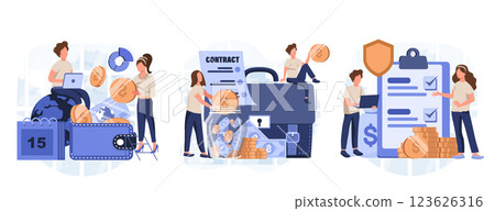 Employee benefits package concept set. Compensation supplementing employee's salary. Worker advantages: overtime, medical insurance, vacation and retirement benefits. Flat vector illustration Employee benefits package concept set. Compensation supplementing employee's salary. Worker advantages: overtime, medical insurance, vacation and retirement benefits. Flat vector illustration 123626316