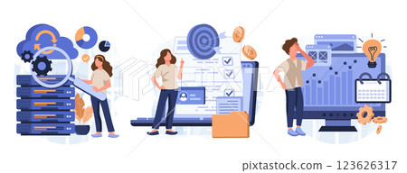 Enterprise strategy development abstract concept vector illustration set. Business Intelligence and business rule, big data analytics, application software, data management abstract metaphor. 123626317