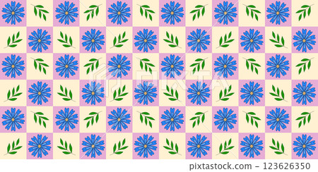Seamless pattern with blue cornflowers and green branches on checked pink yellow background, vector Seamless pattern with blue cornflowers and green branches on checked pink yellow background, vector 123626350