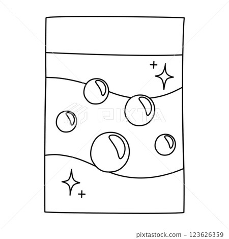 Laundry detergent package with floating soap bubbles, doodle style vector outline for coloring book Laundry detergent package with floating soap bubbles, doodle style vector outline for coloring book 123626359