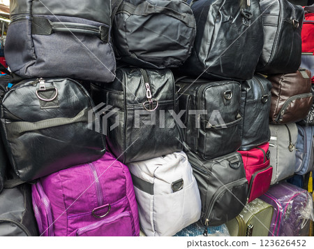 wall of cheap bags on sale at Asian bazaar wall of cheap bags on sale at Asian bazaar 123626452