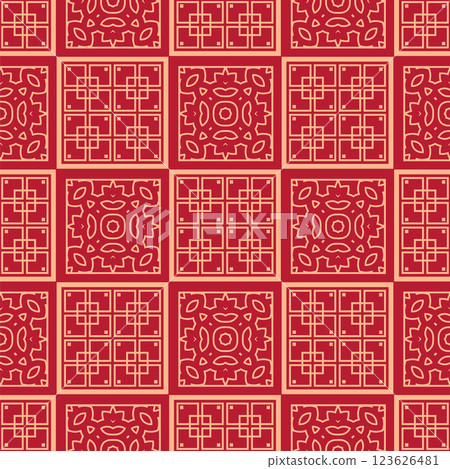 Vector Japanese seamless pattern in oriental geometric traditional style. Festive ornament for lunar chinese new year decoration. Red and golden asian creative motif. Abstract Squares 123626481