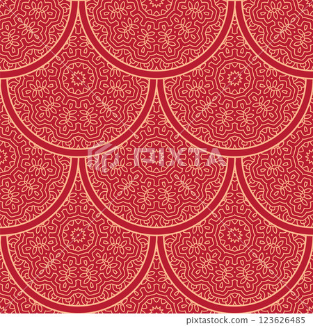 Vector Japanese seamless pattern in oriental geometric traditional style. Festive ornament for lunar chinese new year decoration. Red and golden asian creative motif. Abstract Waves and Circles 123626485