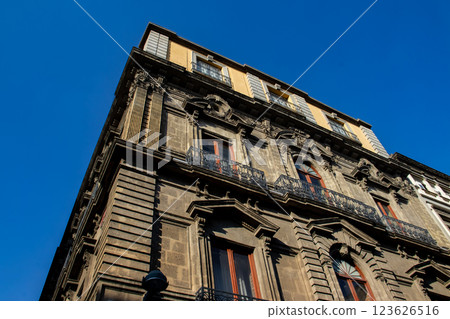 Detail of the beautiful architecture of the historical buildings at Mexico City downtown. 123626516