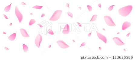Spring sakura petals flying background. Blossom botanical vector illustration on white backdrop. Cute pastel design 123626599