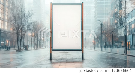 Blank billboard stands in a foggy downtown area, surrounded by muted cityscape and soft lighting effects 123626664