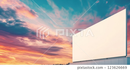 People assemble near a large empty billboard on the stadium exterior as vibrant clouds fill the sky 123626669