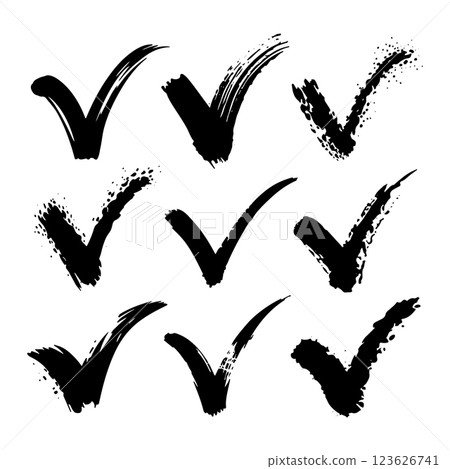 A dynamic set of bold check marks drawn with expressive ink strokes. Great for marking designs, posters, and visual elements. 123626741