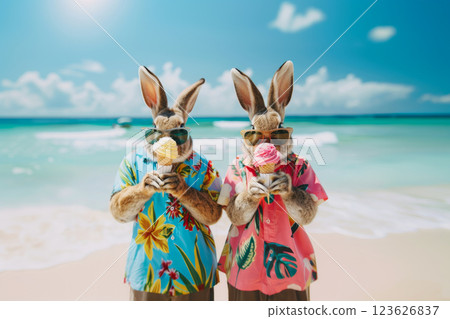 Two cute Easter bunnies in sunglasses and floral shirts holding ice cream cones on sunny beach with clear blue sky in background 123626837