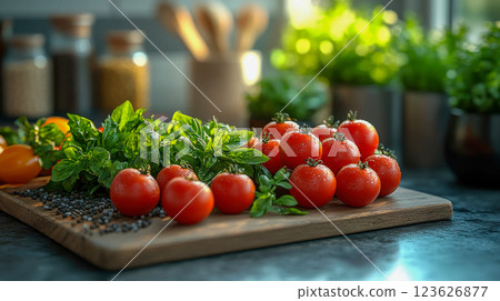 A vibrant arrangement of fresh ingredients including tomatoes, raspberries, lemons, basil, and black beans on a rustic wooden cutting board 123626877