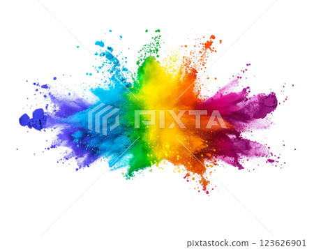 Dynamic explosion of rainbow-colored dust creating vibrant artistic effect. Explosive burst of colored paint powder in rainbow hues isolated on white background 123626901