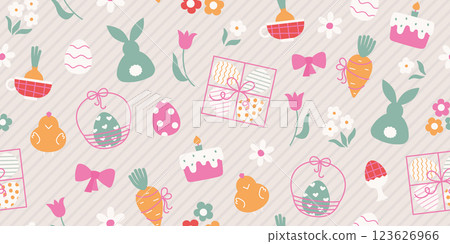 Cute simple easter festive eggs, rabbit, chick, flowers seamless pattern. Vector abstract bright spring background for easter holiday paper, banner, wrap. 123626966