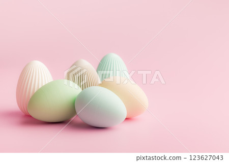 Easter decoration. Colorful eggs on pink background. Easter decoration. Colorful eggs on pink background. 123627043