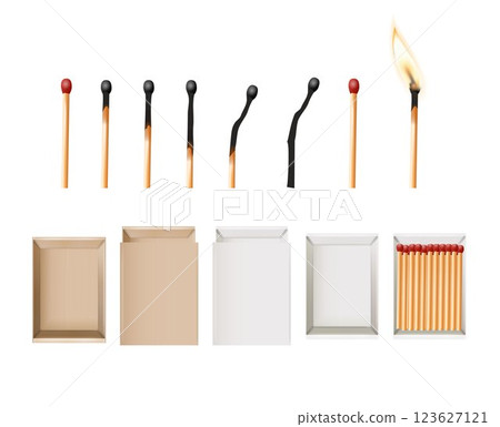 Matchbox, empty package for match sticks in top and perspective view. Realistic mockup of 3d blank box. Stages of burning the match. Symbol of ignition burning. Vector 123627121