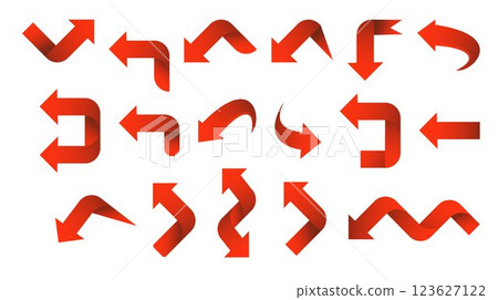 Set red arrow 3D icons pointing up down left right. Vector Set red arrow 3D icons pointing up down left right. Vector 123627122
