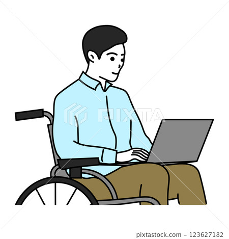 Illustration of a young man sitting in a wheelchair and using a computer Illustration of a young man sitting in a wheelchair and using a computer 123627182