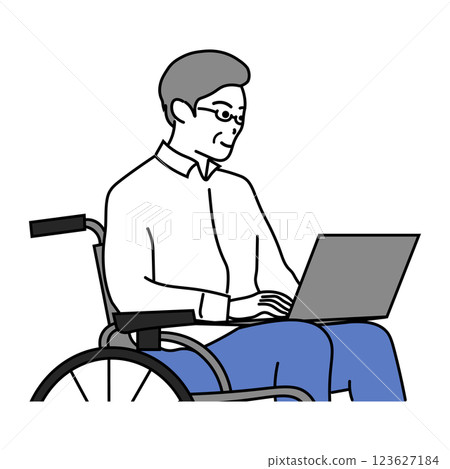 一位中年男子坐在輪椅上使用電腦的插圖 123627184