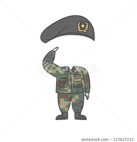A drawing of soldier character who salutes with a face cutout A drawing of soldier character who salutes with a face cutout 123627222
