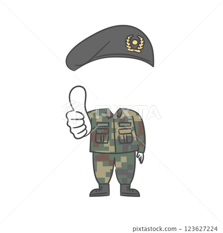 A drawing of soldier character with a thumbs up with a face cutout A drawing of soldier character with a thumbs up with a face cutout 123627224