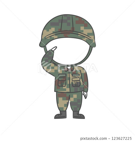 A drawing of soldier character who salutes with a face cutout A drawing of soldier character who salutes with a face cutout 123627225