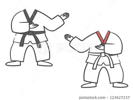 A drawing of a Taekwondo practitioner in white uniform with a face cutout A drawing of a Taekwondo practitioner in white uniform with a face cutout 123627237